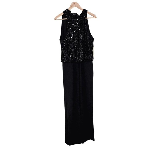 NEW Eliza J Jumpsuit 12 Black Sequin Halter Neck Sleeveless Wide‎ Leg Evening - Picture 2 of 14